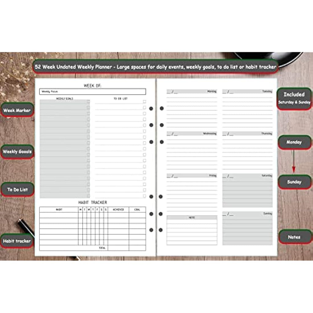 Undated A5 Weekly Planner Refill | 100gsm 6-Ring Binder Insert