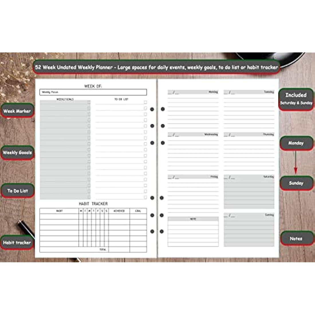 Undated A5 Weekly Planner Refill | 100gsm 6-Ring Binder Insert