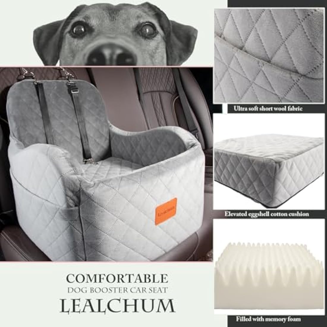 Lealchum Dog Booster Car Seat – Washable Memory Foam Pet Bed, Grey