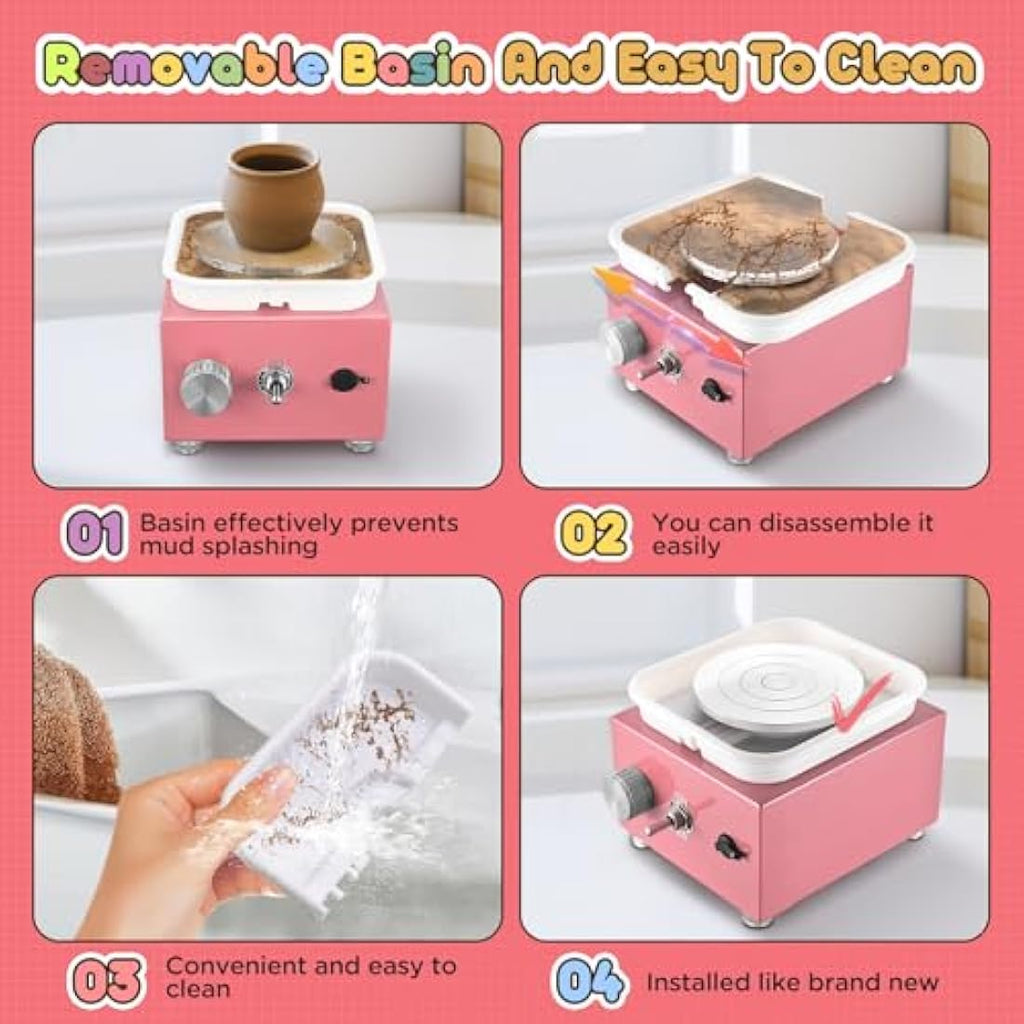 Jolof Store Mini Pottery Wheel – 2000RPM Electric DIY Kit for Kids, Pink