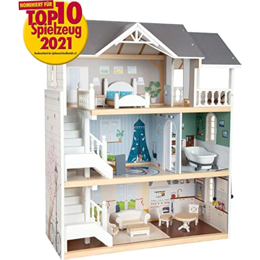 Small Foot Wooden Doll's House – 3-Story Open Front Toy with Furniture