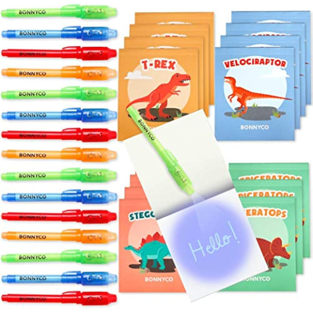 BONNYCO Invisible Ink Pen and Notebook Set | 16 Pack Dinosaur Party Favors