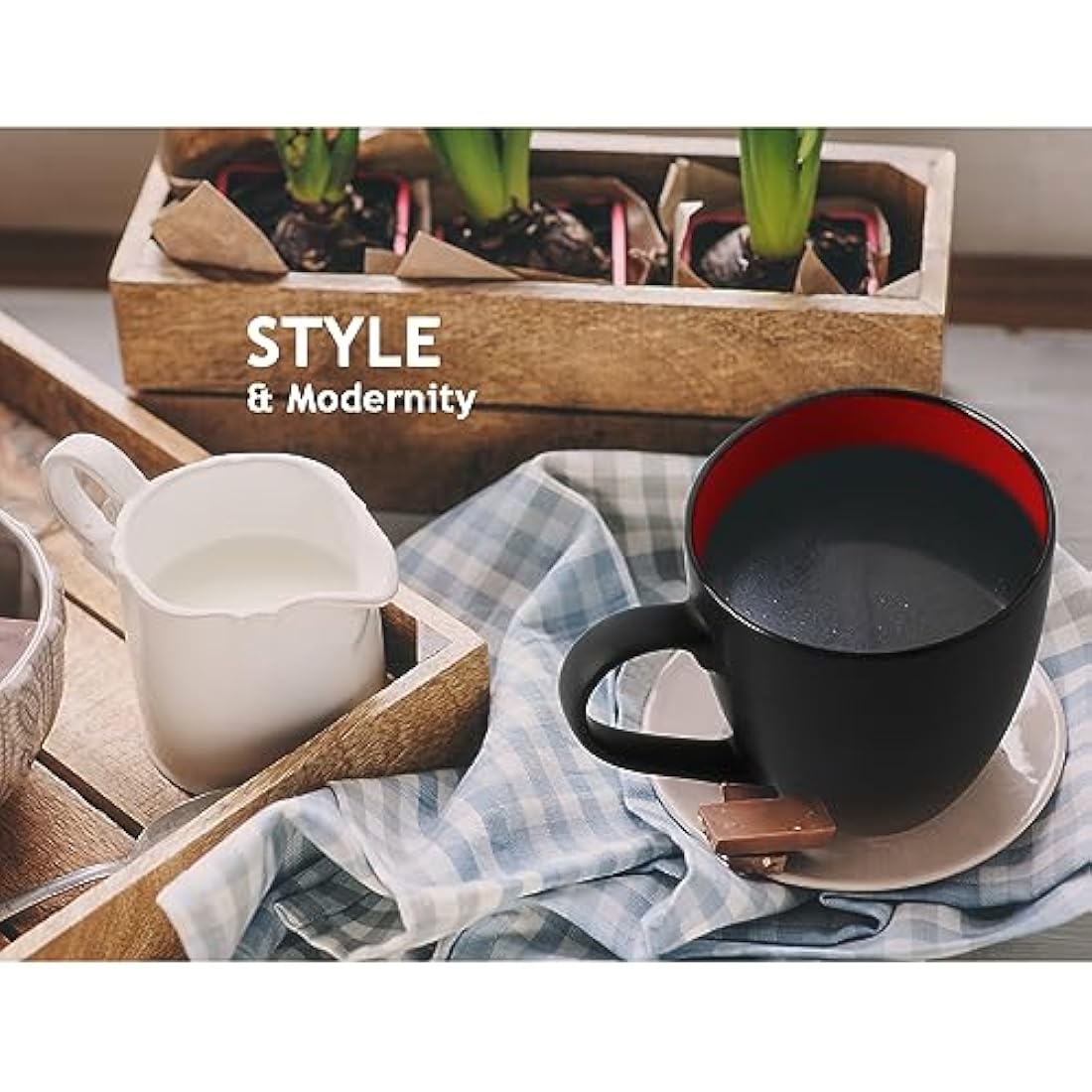 MIAMIO Stoneware Coffee Mug Set – 6 x 350ml Matte Black & Red Cups