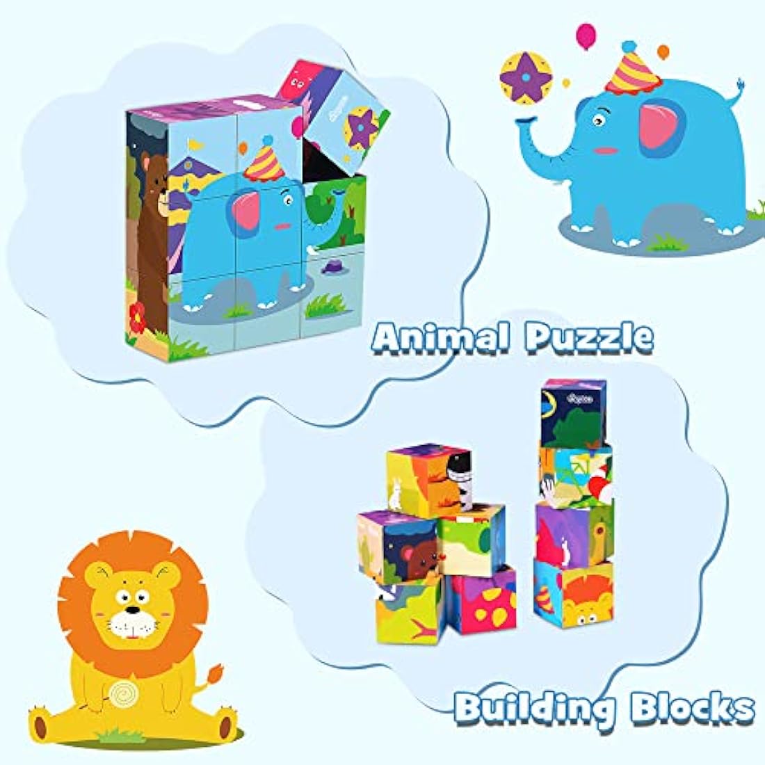 Japace 6-in-1 Wooden Animal Cube Puzzle – Montessori Toy for Toddlers