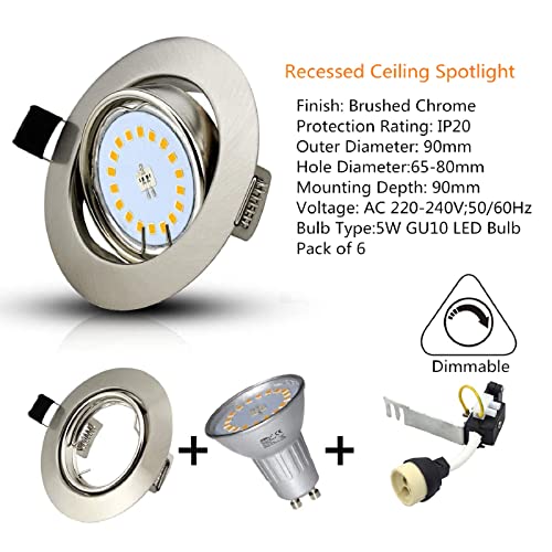 Allesgute 6-Pack Dimmable GU10 LED Downlights – Tiltable Brushed Chrome