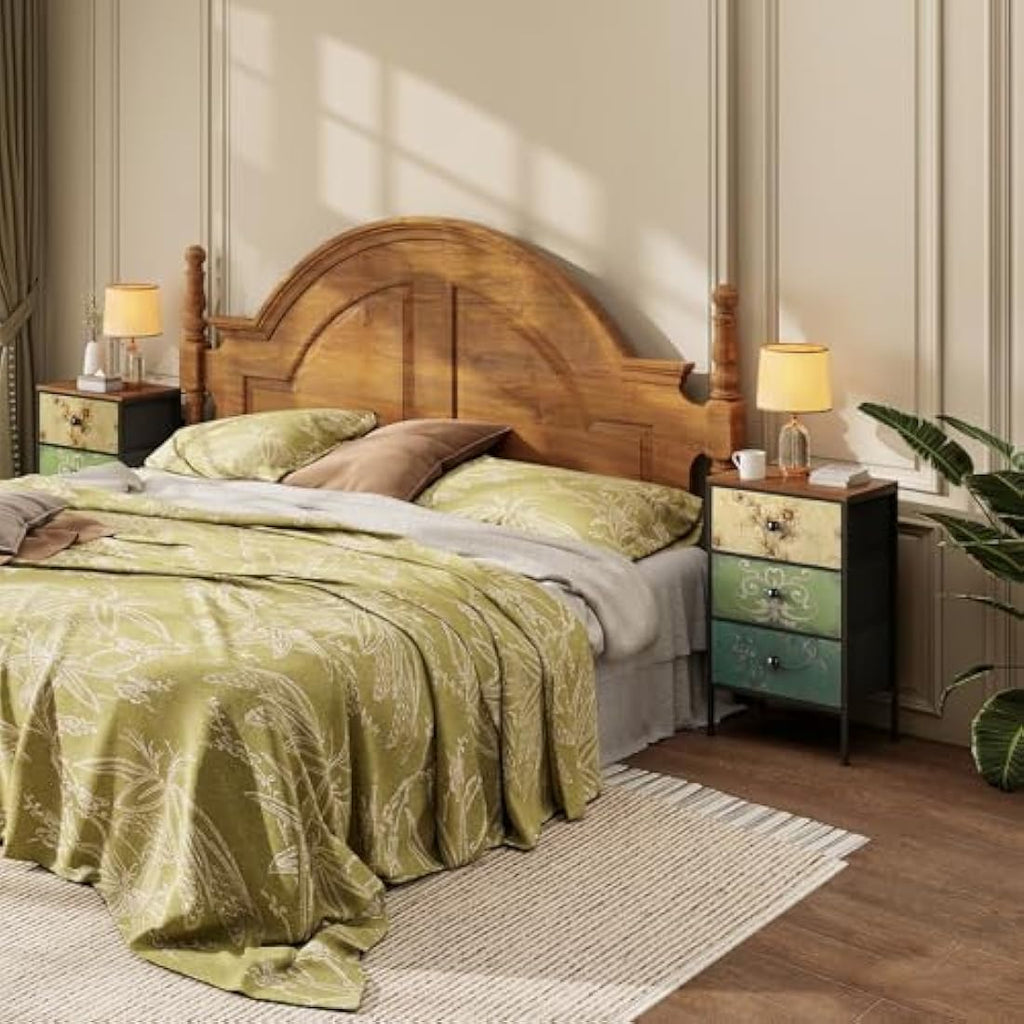 LYNCOHOME Bedside Tables Set of 2 - Vintage 3-Drawer Fabric Nightstand