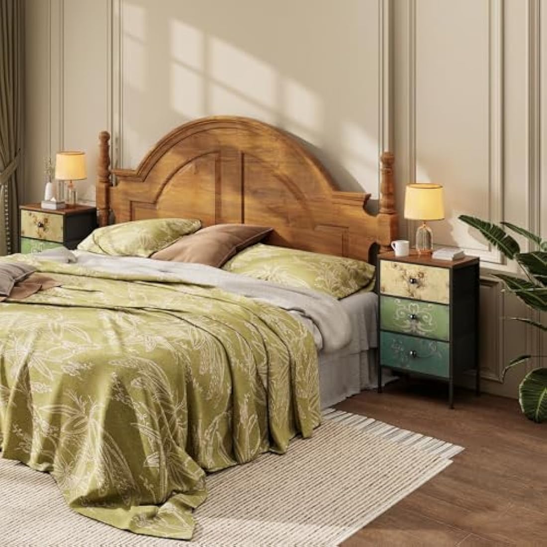 LYNCOHOME Bedside Tables Set of 2 - Vintage 3-Drawer Fabric Nightstand