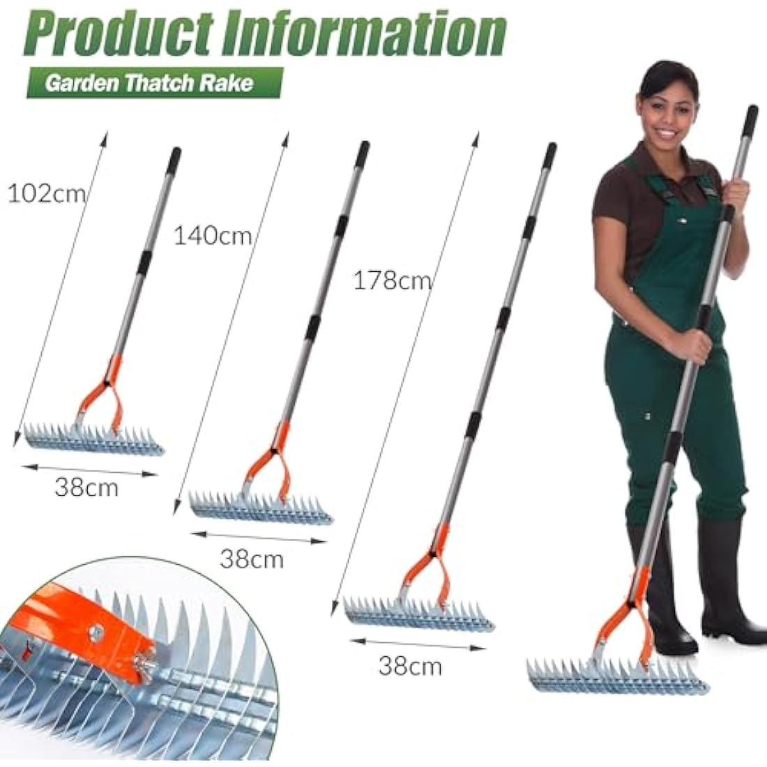 Walensee Thatch Rake | 15-Inch Steel Lawn Dethatcher with Adjustable Handle