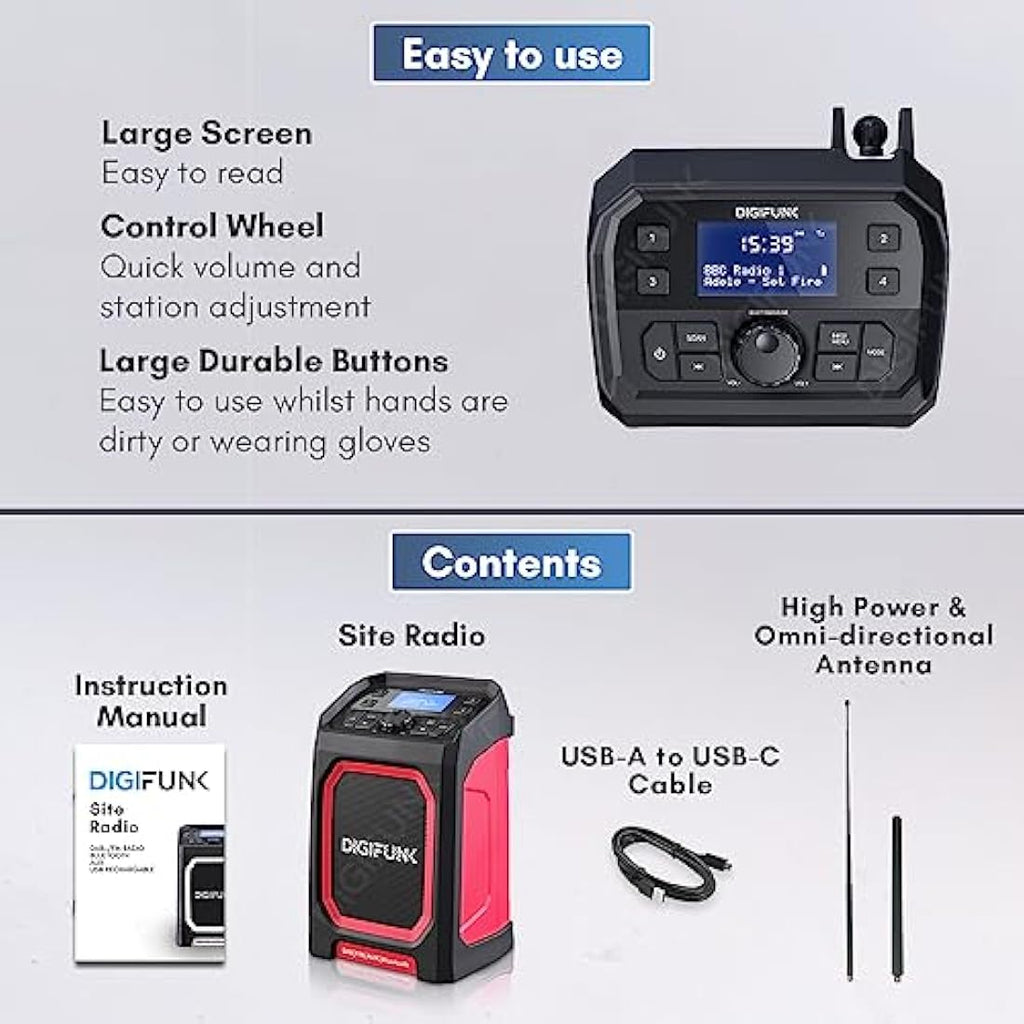DigiFunk DAB+ Work Site Radio - IP65 Waterproof Bluetooth Speaker - Red