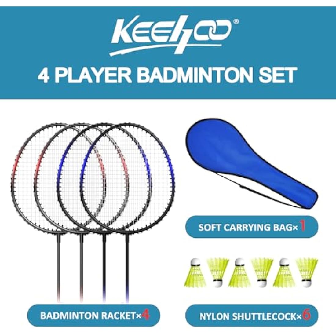4-Player Badminton Racket Set with Shuttlecocks & Carry Bag