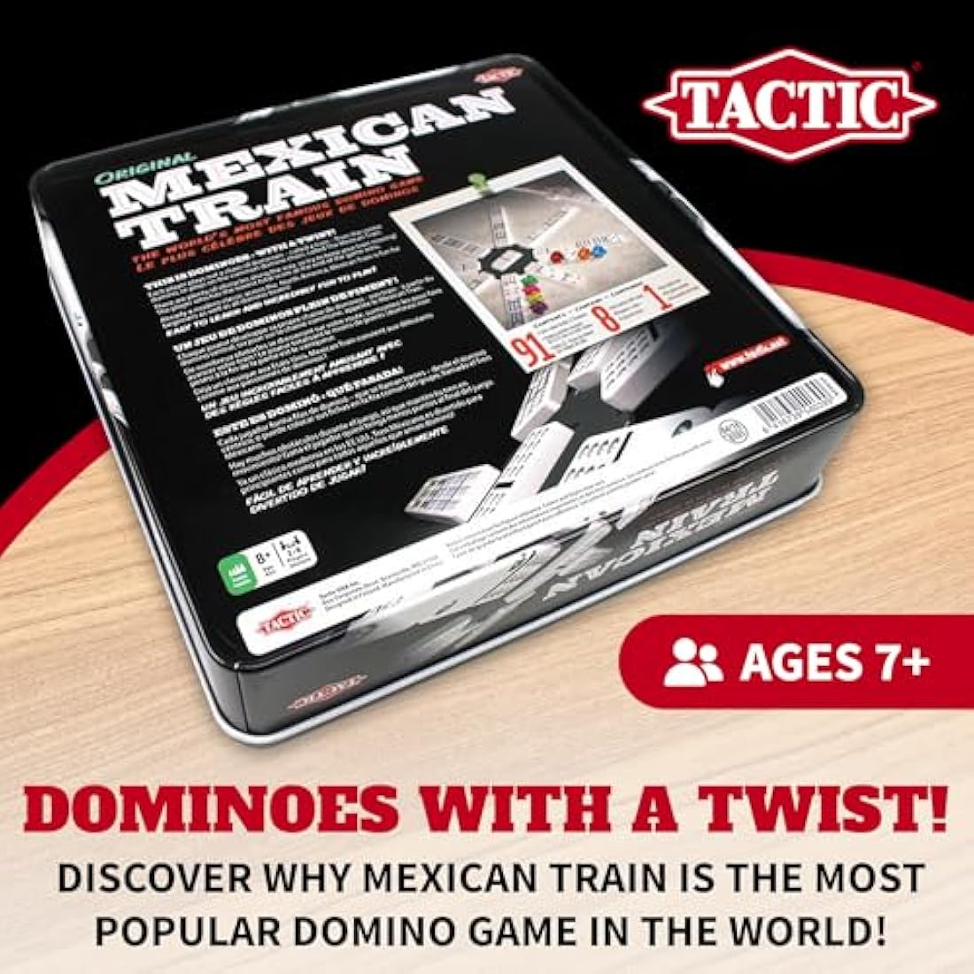 Tactic Mexican Train Domino Game Set – Portable 2-8 Player Game in Tin Box
