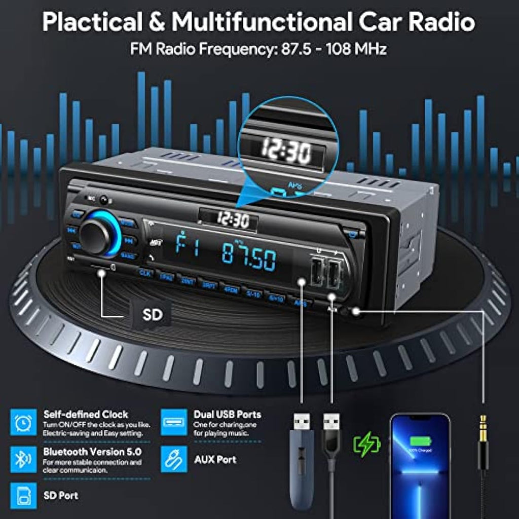 Wistrue 1 DIN Car Radio Bluetooth Stereo – 9-24V AM/FM RDS MP3 Player