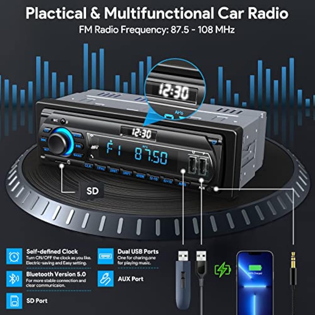 Wistrue 1 DIN Car Radio Bluetooth Stereo – 9-24V AM/FM RDS MP3 Player