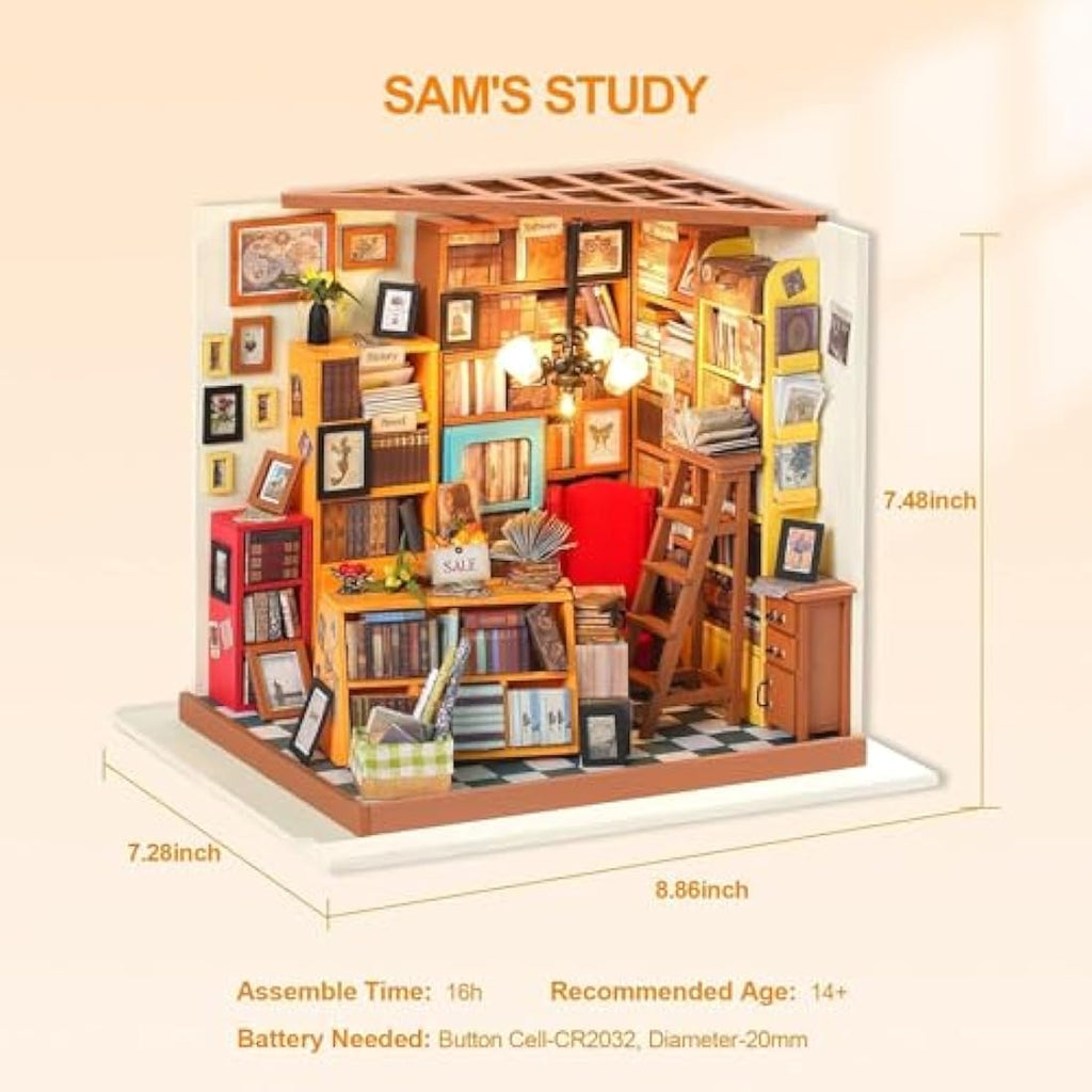 RoWood DIY Miniature Library Dollhouse Kit – 1:24 Scale Wooden Model