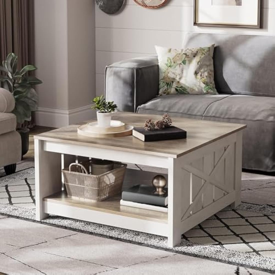 YITAHOME Square Farmhouse Coffee Table – Grey Wash Wood with Storage