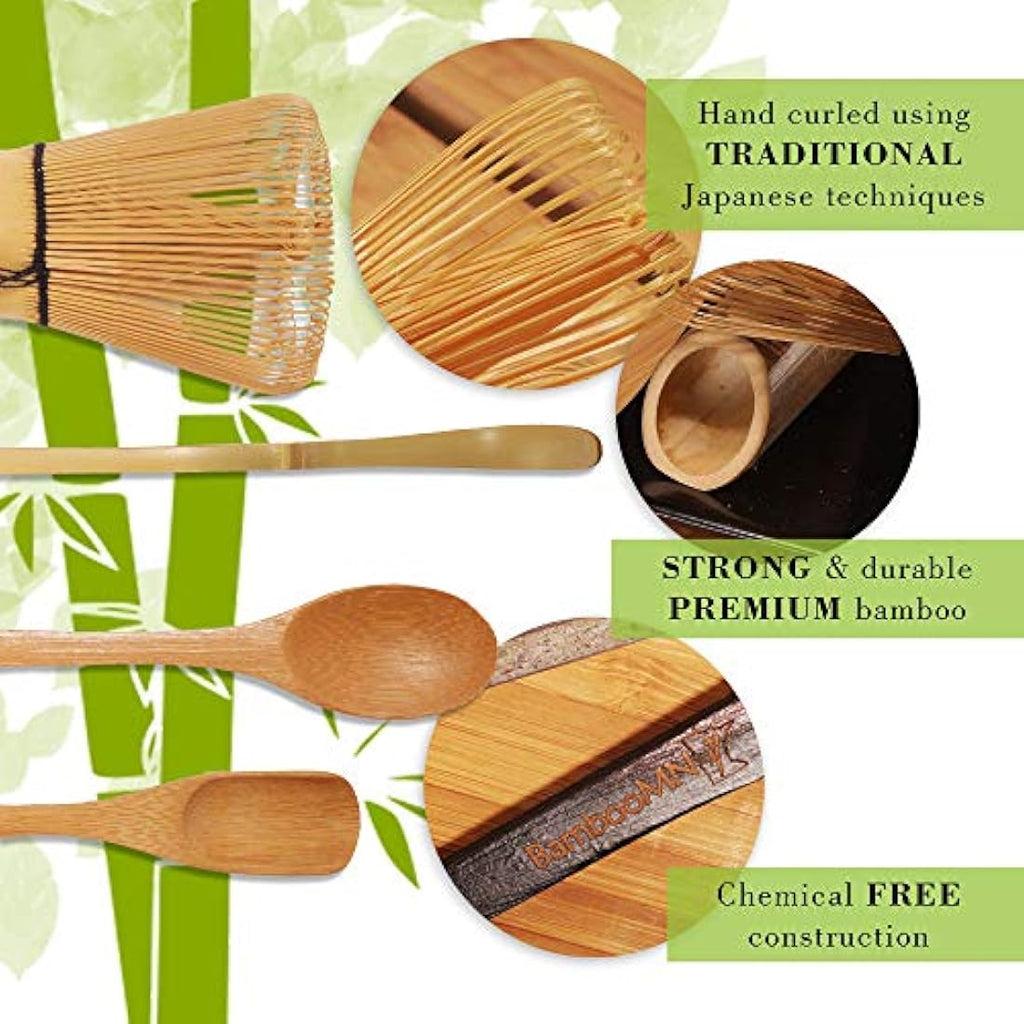 BambooMN Matcha Bowl Set - Handmade Ceramic Tea Whisk & Spoon, Green