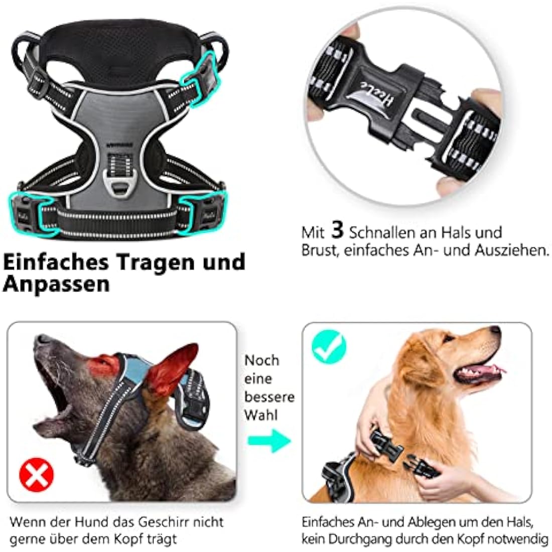 HEELE No Pull Dog Harness | Reflective Adjustable Padded Vest - Grey, XL