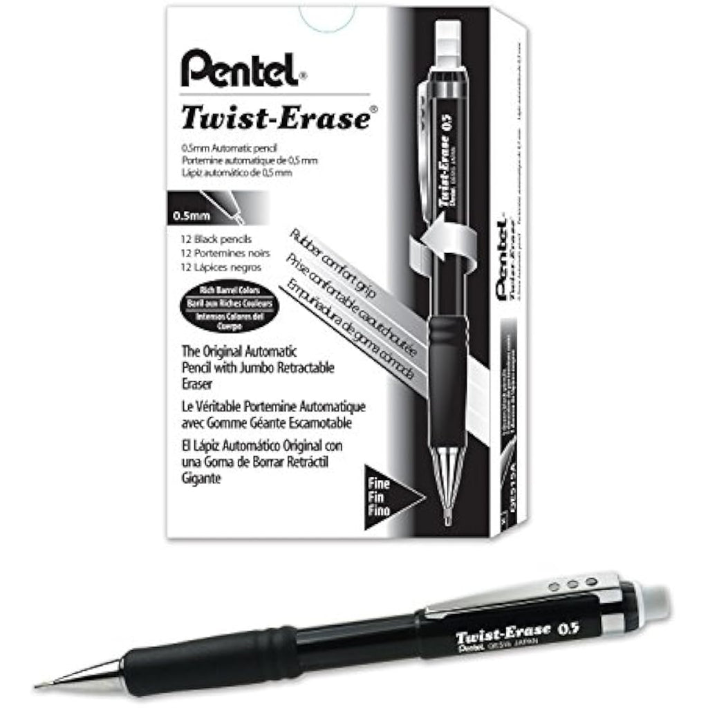 Pentel Twist-Erase Mechanical Pencil, 0.5mm, Black, Pack of 12 | QE515A