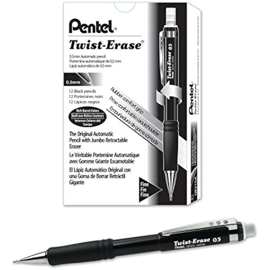 Pentel Twist-Erase Mechanical Pencil, 0.5mm, Black, Pack of 12 | QE515A