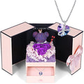 Preserved Purple Rose Moss Bear with Heart Crystal Necklace