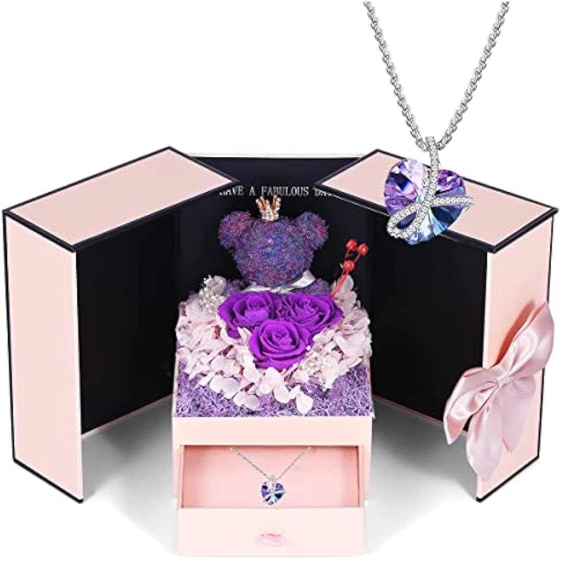 Preserved Purple Rose Moss Bear with Heart Crystal Necklace
