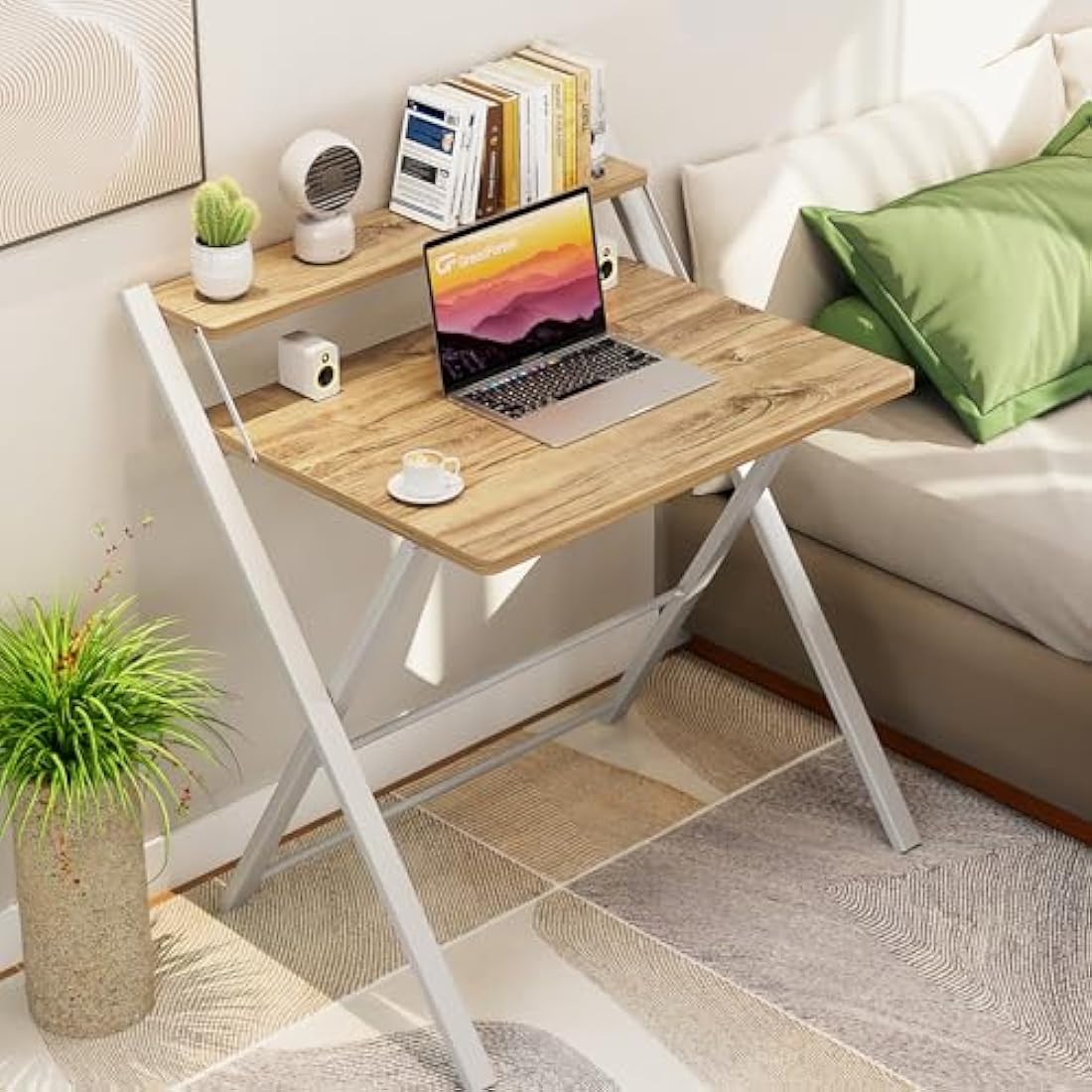 GreenForest Foldable Computer Desk with Monitor Shelf | Oak Small Desk