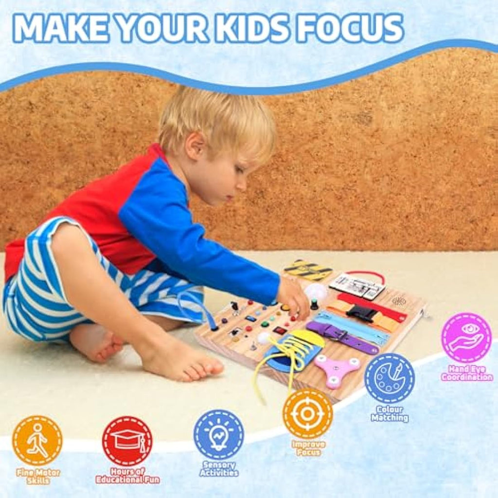 Konijiwa Montessori Busy Board | 23-in-1 Wooden LED Sensory Toy