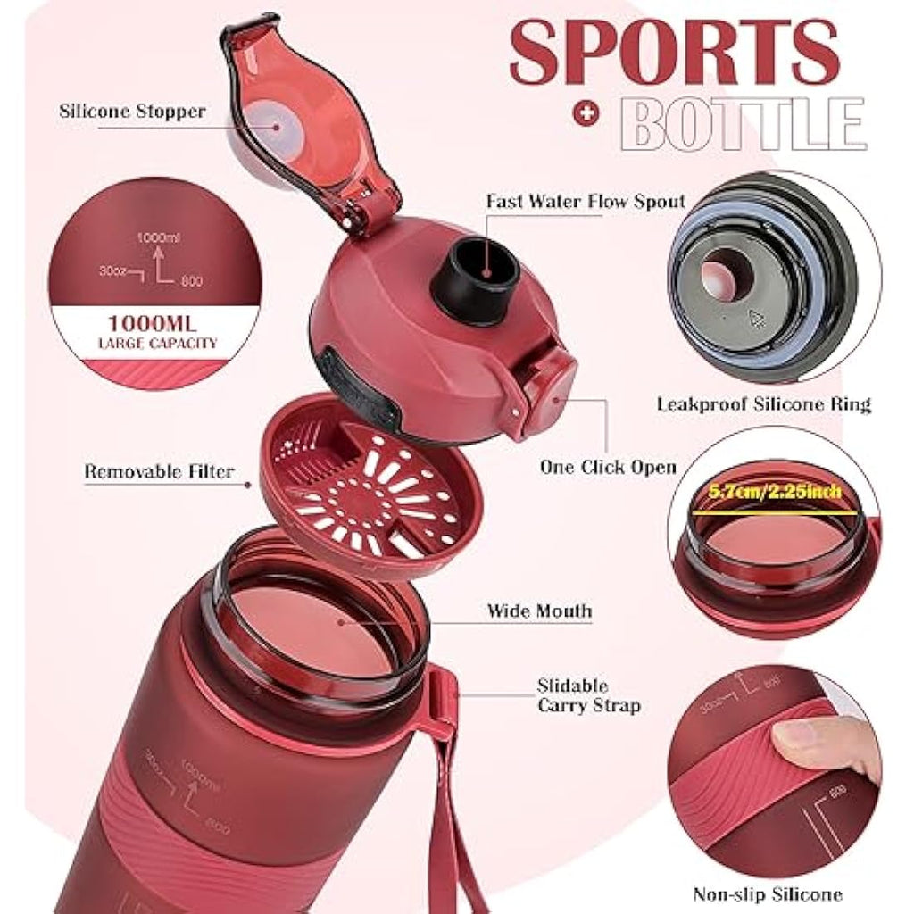 CodiCile 1L Sports Water Bottle – BPA Free Leak Proof Gym Bottle, Red