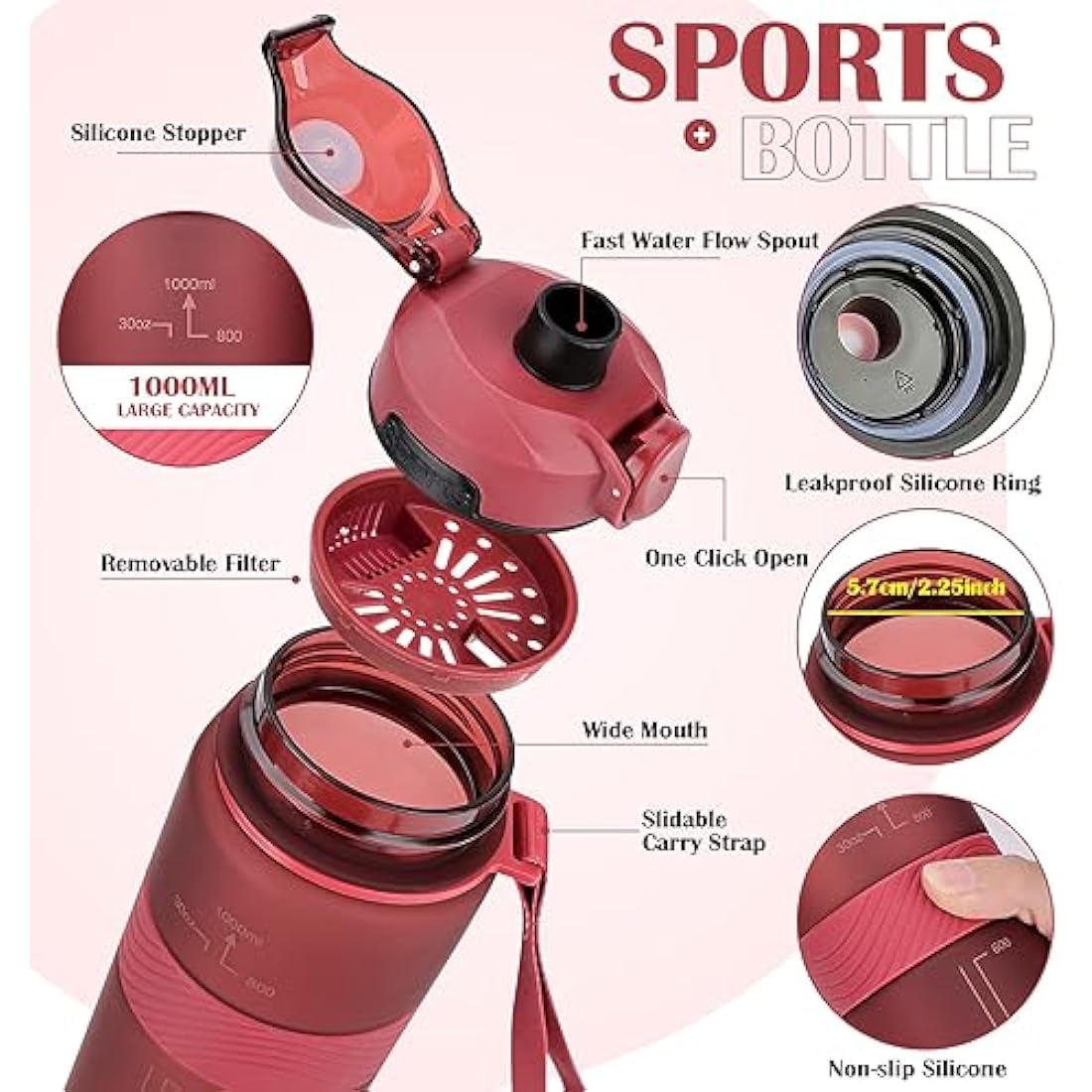 CodiCile 1L Sports Water Bottle – BPA Free Leak Proof Gym Bottle, Red