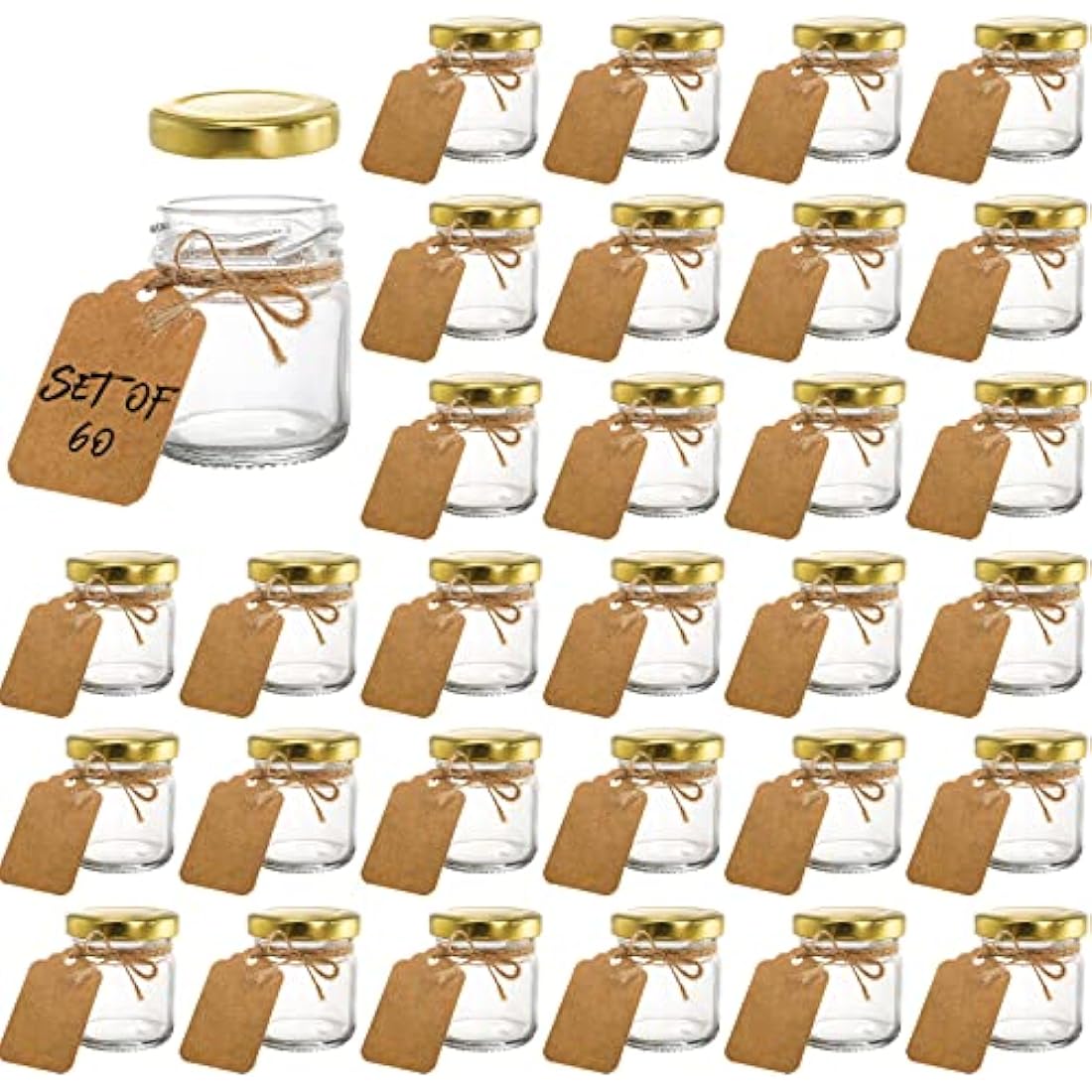 Kingrol 60 Pack Mini Glass Jars with Gold Lids - 45ml Airtight Spice Jars