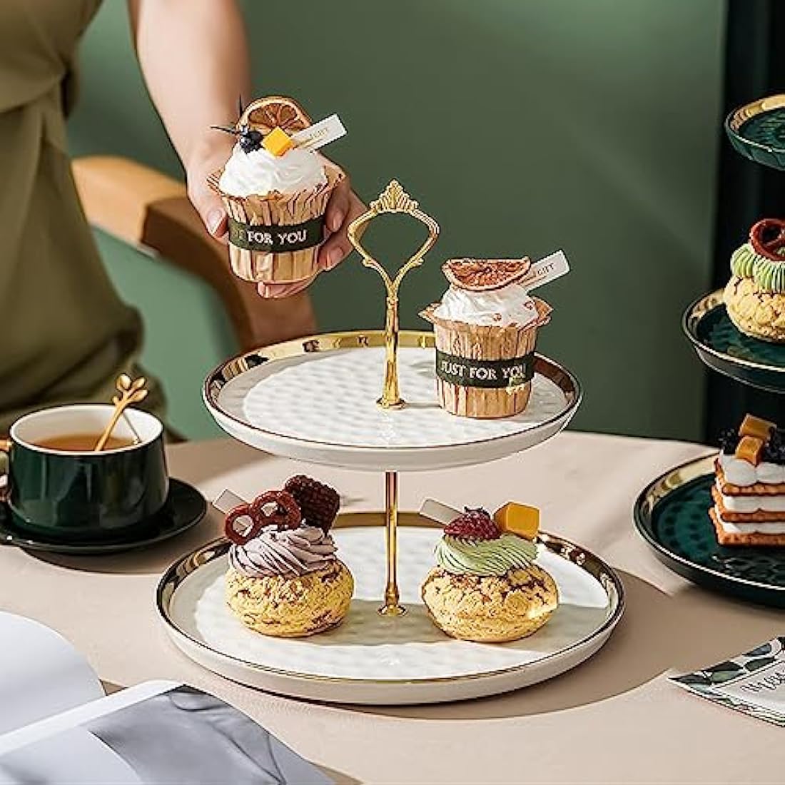 MEETOZ 2-Set White Porcelain Tiered Cupcake Stand with Gold Rods