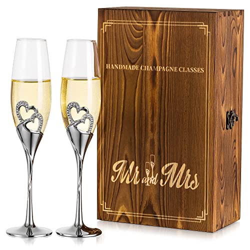 Personalised Mr and Mrs Champagne Flutes with Wooden Gift Box