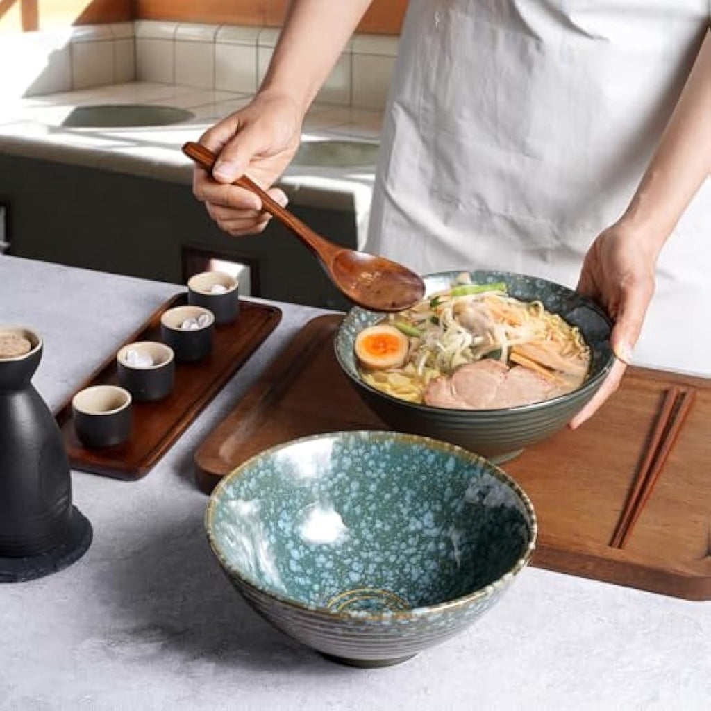 NUTRIUPS Ceramic Ramen Bowl Set of 2 – 1200ml Japanese Noodle Bowls, Emerald