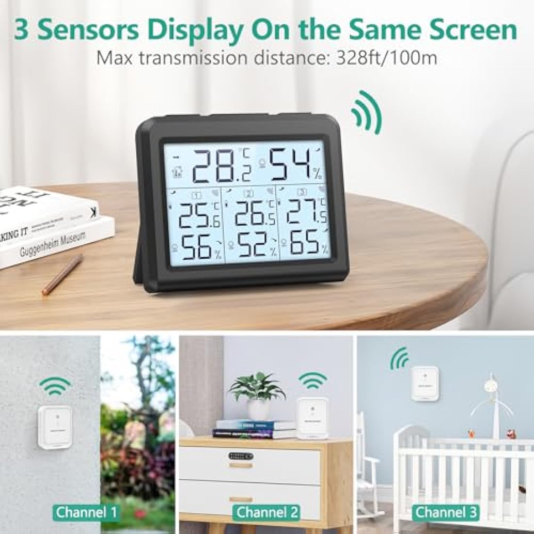 ORIA Wireless Digital Thermometer Hygrometer with 3 Remote Sensors