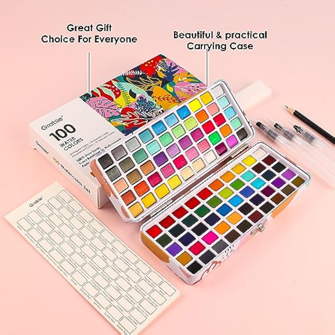 Grabie 100 Color Watercolor Paint Set | Non-Toxic Travel Kit with Brushes