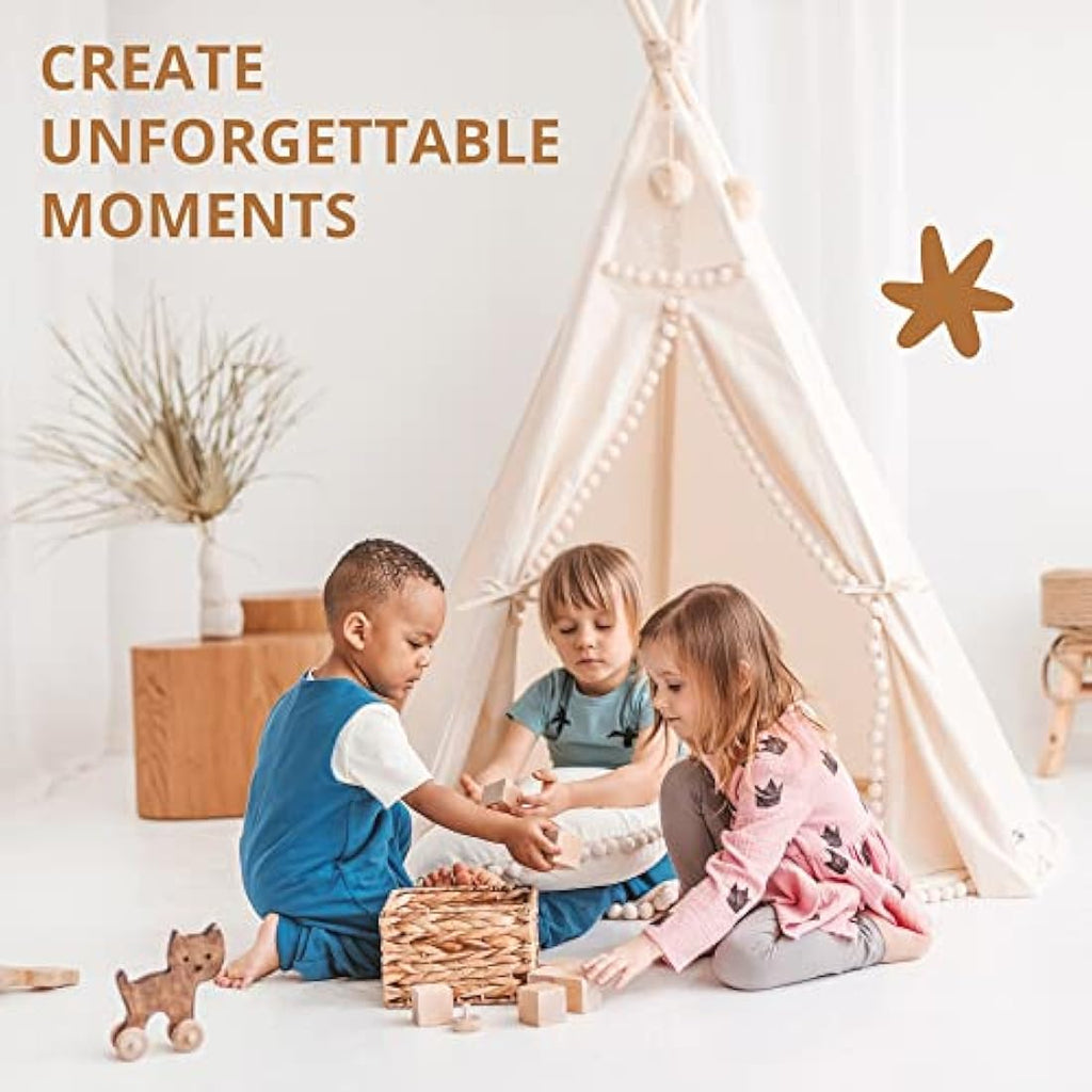 Kids Teepee Tent | Handmade Canvas Playhouse with Pom-Poms