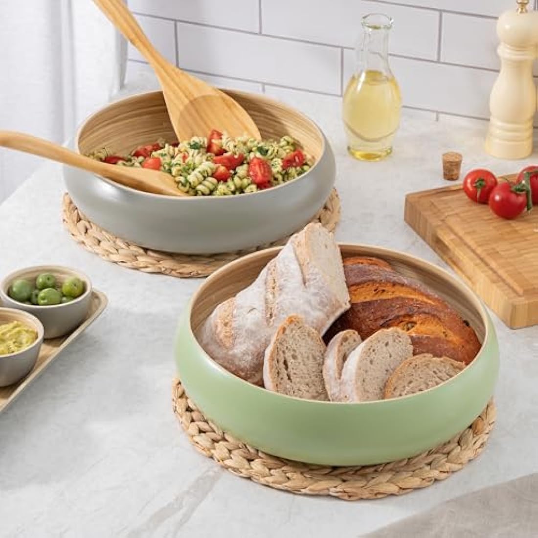 Dehaus Large Bamboo Fruit Bowl – 30cm Navy Blue Wooden Serving Bowl