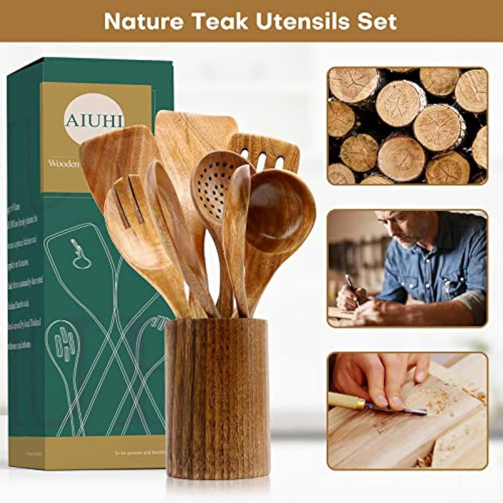 Teak Wood Utensils – 10pc Nonstick Heat Resistant Kitchen Set