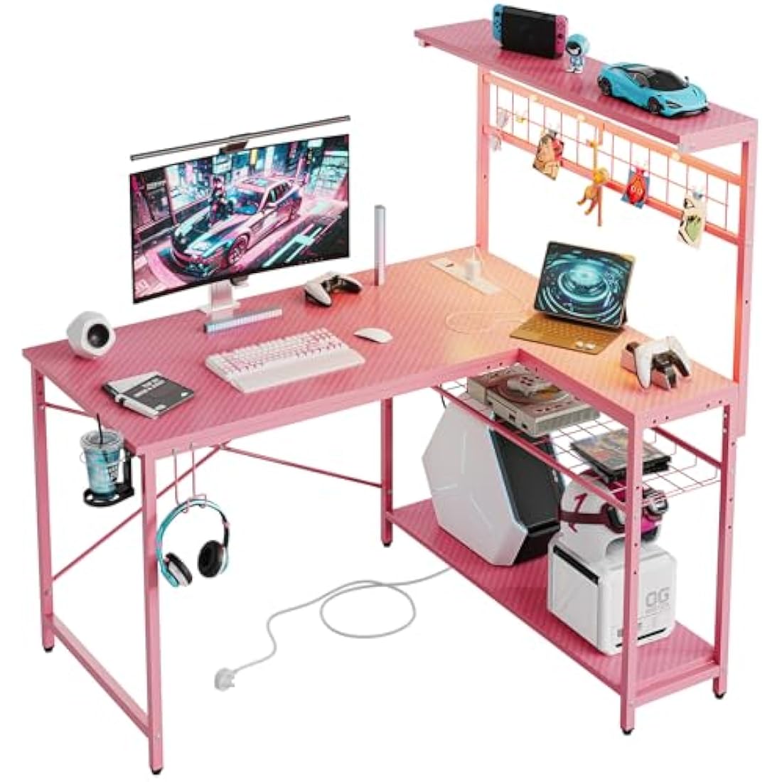 Bestier L-Shaped Gaming Desk with LED Lights and Power Outlets – 106cm