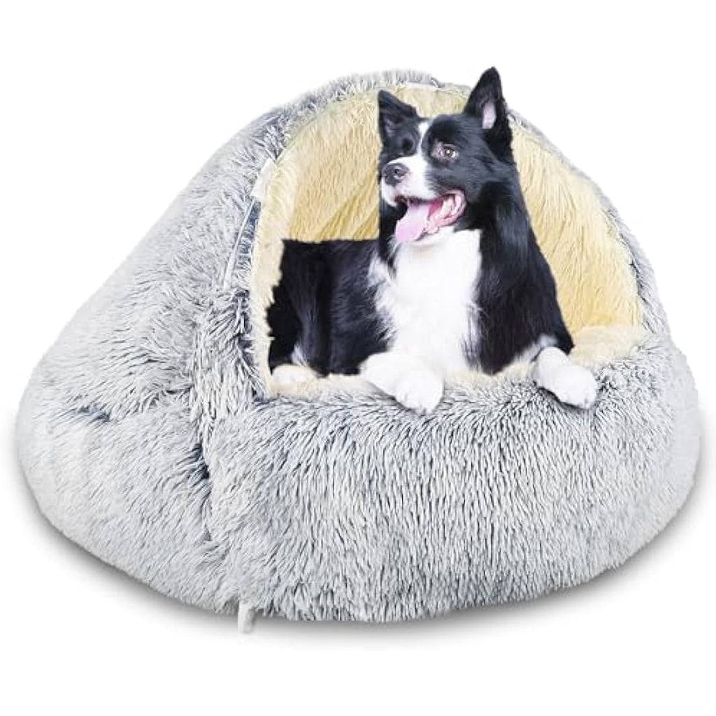 SUOXU Hooded Cave Dog Bed – Plush Calming Donut Pet Bed with Support Rods