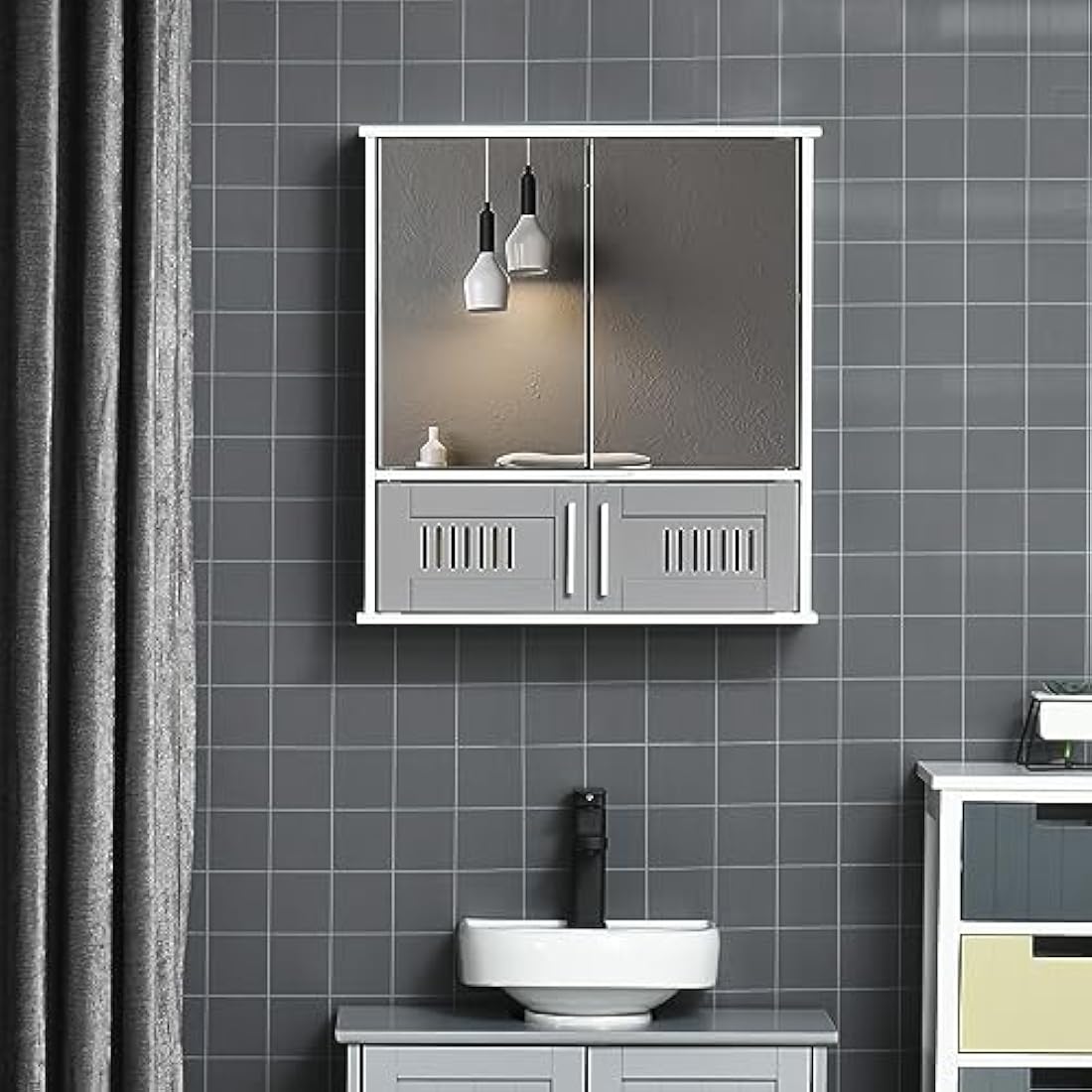 Kleankin Grey Bathroom Mirror Cabinet | Wall Mounted Storage Cupboard
