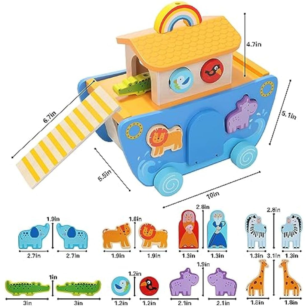 Tooysea Wooden Noah's Ark Toy - Montessori Animal Shape Sorter Baptism Gift