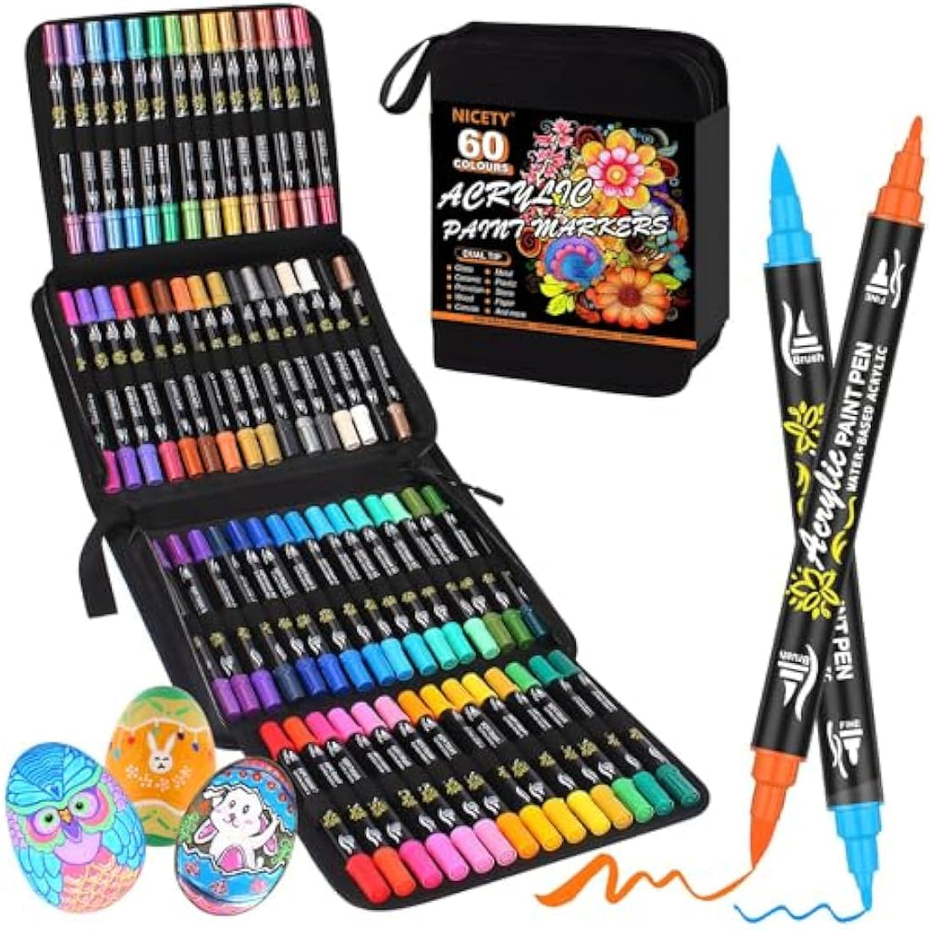 NICETY 60 Colors Dual Tip Acrylic Paint Pens for Rock and Wood Painting