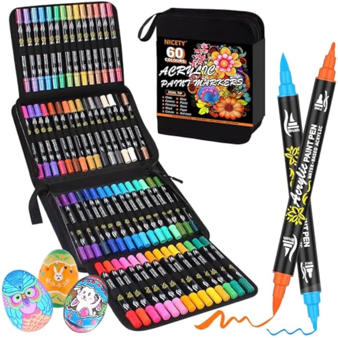NICETY 60 Colors Dual Tip Acrylic Paint Pens for Rock and Wood Painting
