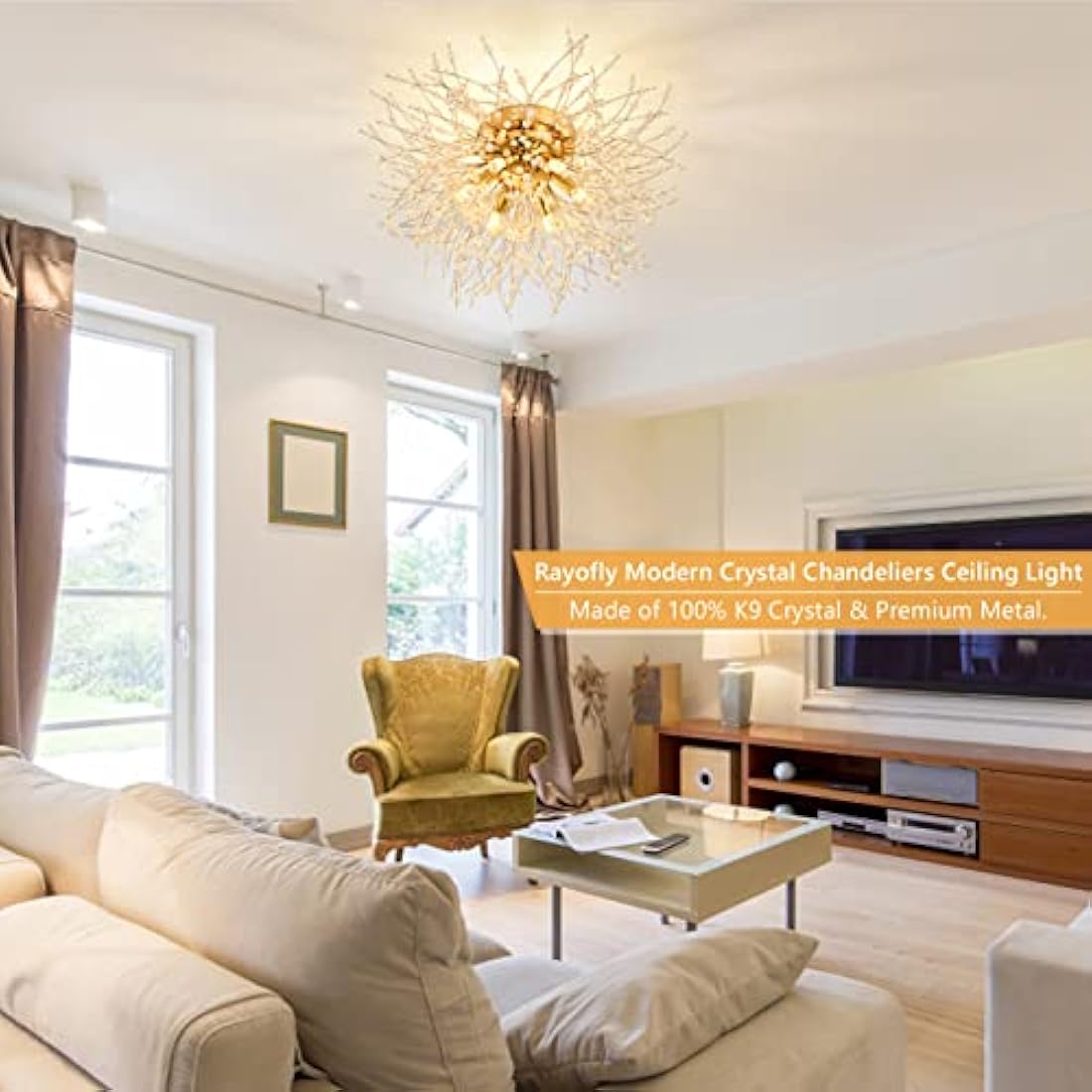 Rayofly Modern Gold Crystal Chandelier – 6-Light Flush Mount Ceiling Lamp