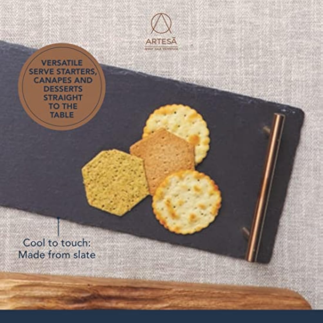 Artesà Slate Serving Platter with Copper Handles for Buffets, 60 x 15 cm