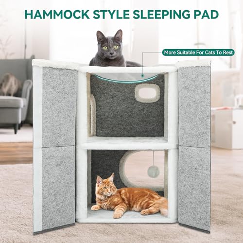 YITAHOME 3-Level Cat House Condo with Scratching Post & Hammock – Grey