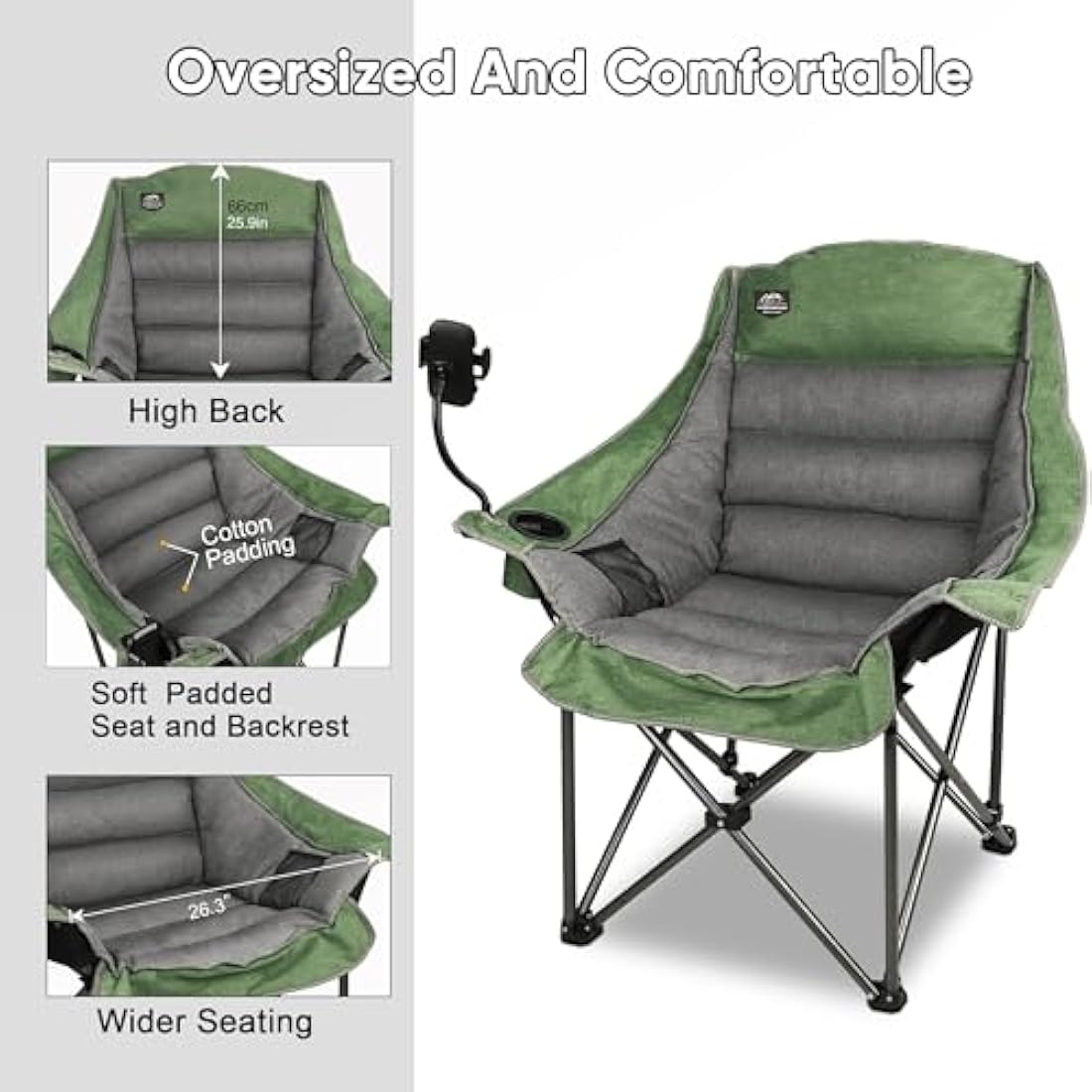 LANMOUNTAIN Oversized Folding Camping Chair - Heavy Duty 400lbs Padded Green