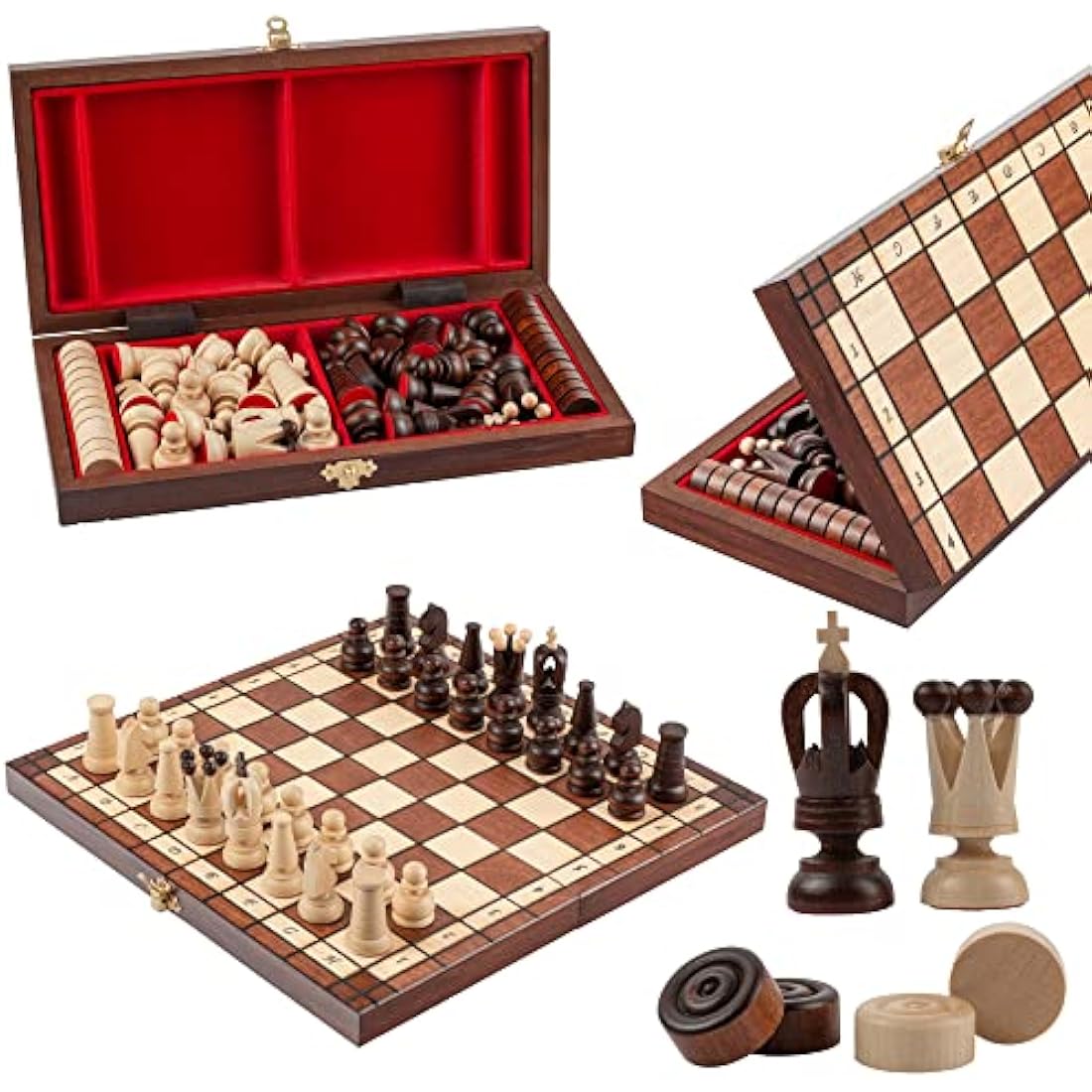 Handmade Wooden Chess and Checkers Set | Portable 31cm Board
