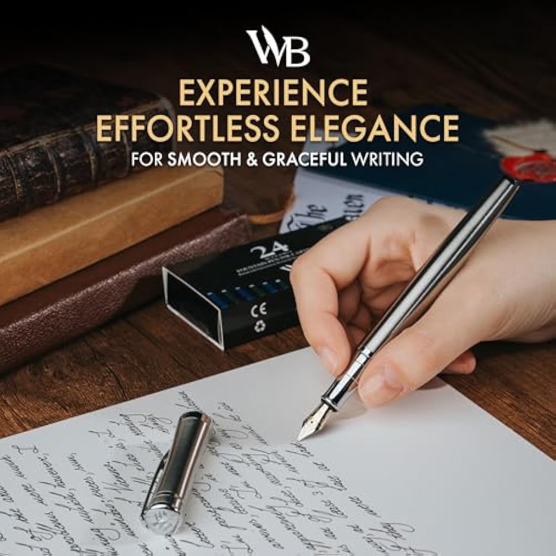 Wordsworth & Black Fountain Pen Set - Silver Chrome Fine Nib with Ink
